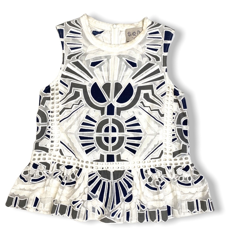 SEA New York Geometric Lace White & Blue Peplum Top, Size 6